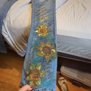 Hand-Painted Blue Floral Women’s Jeans